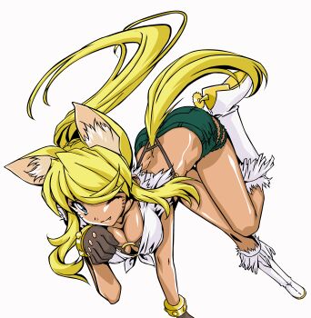 1girl absurdres animal_ear_fluff animal_ears artist_request belt_bra blonde_hair blue_eyes boots bracelet breasts brown_gloves cleavage dark-skinned_female dark_skin denim denim_shorts derivative_work extra_ears fang fang_out gloves green_shorts highres jewelry knee_boots large_breasts liru long_hair o-ring o-ring_top one_eye_closed ponytail renkin_san-kyuu_magical_pokaan shorts simple_background smile solo source_request spiked_bracelet spikes spurs studded_bracelet tail tan third-party_source vector_trace werewolf white_background white_boots wolf_ears wolf_girl wolf_tail yellow_tail