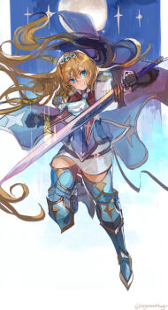 1girl armor armored_boots ascot belt blonde_hair blue_armor blue_eyes blue_gemstone blue_thighhighs boots capelet closed_mouth eyebrows_hidden_by_hair eyelashes floating_hair full_moon gauntlets gem highres holding holding_sword holding_weapon knee_up knight long_hair miniskirt moon nagasawa_tougo night night_sky original princess_knight_(nagasawa_tougo) simple_background skirt sky solo star_(sky) star_(symbol) sword thigh_boots thighhighs thighs tiara twitter_username weapon white_ascot white_capelet