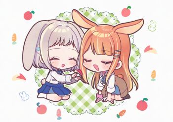 2girls :d ^_^ apple apple_rabbit black_socks blue_skirt blunt_bangs blush_stickers chibi chibi_only closed_eyes clothes_around_waist collared_shirt commentary feeding food food_art fruit full_body gakuen_idolmaster grey_hair hair_ornament hairclip highres holding holding_food holding_fruit idolmaster katsuragi_lilja kemonomimi_mode koyoshi_yoko long_hair long_sleeves multiple_girls open_mouth orange_hair outline pleated_skirt scrunchie shirt shiun_sumika short_hair sitting skirt smile socks symbol-only_commentary wariza white_outline white_shirt white_socks wrist_scrunchie