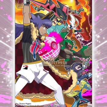 Rule 34 | 1boy, arm up, artist name, baseball cap, black hair, black shirt, blue shorts, bright pupils, cane, cape, champion uniform, charizard, checkered cape, checkered clothes, cinderace, claws, closed mouth, commentary, company name, copyright notice, dark-skinned male, dark skin, dragapult, dreepy, dynamax, dynamax ball, dynamax band, english commentary, facial hair, fangs, fire, from side, fur-trimmed cape, fur trim, gen 1 pokemon, gen 8 pokemon, gigantamax, gigantamax charizard, hat, highres, holding, holding cane, holding poke ball, instagram username, inteleon, leon (pokemon), long hair, male focus, merchandise available, mismatched facial hair, mr. rime, mustache, nintendo, official style, open mouth, orange eyes, outline, poke ball, pokemon, pokemon (creature), pokemon swsh, purple hair, red cape, rillaboom, shirt, short sleeves, shorts, smile, split mouth, teeth, tom higgins, upper teeth only, v-shaped eyes, watermark, white outline, white pupils, yellow eyes