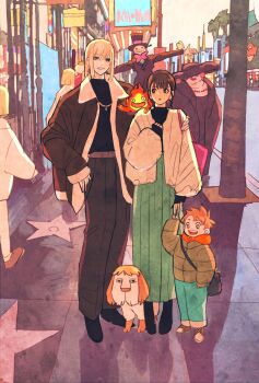 arm_around_shoulder bag bead_necklace beads black_footwear black_headwear blonde_hair brown_hair calcifer child dog fingerless_gloves fire full_body gloves green_skirt grey_pants grin hand_on_another&#039;s_arm hand_on_own_chest hat heen highres howl_no_ugoku_shiro howl_pendragon jacket jewelry kakashi_no_kabu long_skirt markl medium_hair multiple_boys multiple_girls necklace open_mouth orang outdoors pants pleated_skirt scarecrow short_hair shoulder_bag sidewalk skirt smile sophie_hatter_(howl_no_ugoku_shiro) sun_hat takeuchi_ryousuke teeth top_hat white_jacket witch_of_the_waste