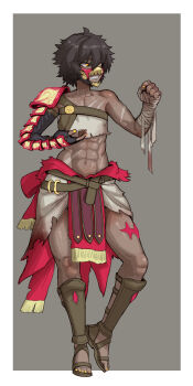 Rule 34 | 1other, abs, absurdres, bandaged arm, bandaged hand, bandages, black hair, blood, bloody bandages, chinese commentary, clenched hand, clenched teeth, commentary request, dark skin, ebonyxh, elbow gloves, fingerless gloves, full body, gloves, grey background, highres, knee guards, mask, navel, ninja slayer, open mouth, original, pelvic curtain, ringed eyes, scar, scar on arm, scar on chest, sharp teeth, short hair, simple background, single arm guard, single shoulder pad, solo, standing, standing on one leg, teeth, white background, yellow eyes, yellow nails