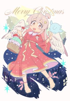 Rule 34 | 1girl, :d, absurdres, ahoge, barefoot, blush, bracelet, braid, brown eyes, collared dress, dress, english text, feathered wings, grey hair, hair between eyes, hair bobbles, hair ornament, halo, hat, highres, jewelry, long dress, long sleeves, looking at viewer, matado (almukha), merry christmas, multicolored hair, onii-chan wa oshimai!, open mouth, oyama mahiro, pink hair, red dress, santa hat, side braids, smile, solo, star (symbol), star hair ornament, stuffed toy, twitter username, white wings, wicker basket, wide sleeves, wings, yellow halo