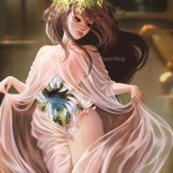 1girl black_eyes body_horror brown_hair expressionless feet_out_of_frame head_tilt head_wreath highres hole_in_chest hole_on_body long_hair monster_girl original robe_lift sacrilaig sharp_teeth solo stomach_mouth teeth very_long_hair