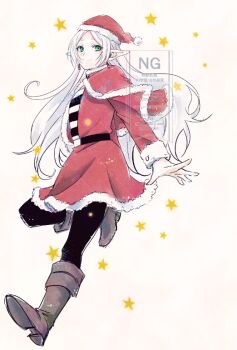 1girl adapted_costume belt black_belt black_pantyhose boots brown_boots capelet closed_mouth earrings elf frieren full_body fur-trimmed_capelet fur-trimmed_headwear fur-trimmed_jacket fur-trimmed_skirt fur_trim green_eyes hat jacket jewelry light_smile long_hair pantyhose parted_bangs pointy_ears red_capelet red_hat red_jacket red_skirt santa_hat shirt skirt solo sousou_no_frieren striped_clothes striped_shirt thick_eyebrows white_background white_hair yukiyo_usa