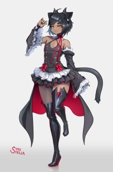 1boy absurdres ahoge animal_ear_fluff animal_ears artist_name bat_wings black_boots black_cloak black_sleeves boots bow buttons cat_boy cat_ears cat_tail check_translation chinese_commentary cloak collar collarbone commentary cosplay criss-cross_straps crossdressing crossdressing_(mtf) dark-skinned_male dark_skin detached_collar detached_sleeves dress english_commentary facial_mark frilled_collar frilled_dress frilled_sleeves frills gradient_background grey_background hair_ornament hairclip head_wings high_heel_boots high_heels highres knee_boots krul_tepes krul_tepes_(cosplay) lace_collar male_focus mixed-language_commentary neck_ribbon original owari_no_seraph red_bow red_cloak red_ribbon red_thighhighs ribbon short_dress shu-stella solo standing standing_on_one_leg tail thigh_boots thighhighs translation_request trap two-tone_cloak wings