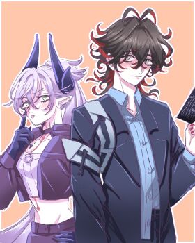 1boy 1girl black_hair breasts bushon_3 chest_tattoo cleavage colored_inner_hair commentary_request dante_alighieri_(fate) demon_horns fate/grand_order fate_(series) green_eyes grey_eyes highres horns large_breasts lilith_(fate) lilith_(over_the_same_sky)_(fate) long_hair midriff multicolored_hair red_hair short_hair tattoo tongue tongue_out twintails white_hair