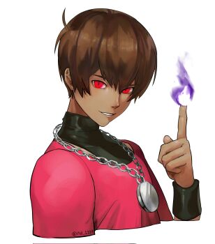 Rule 34 | 1boy, bracelet, brown hair, chain, chris (kof), commentary request, cyskof, dark-skinned male, dark skin, fire, grin, highres, jewelry, korean commentary, looking at viewer, male focus, pendant, purple fire, pyrokinesis, red eyes, short hair, simple background, smile, the king of fighters, twitter username, upper body, white background