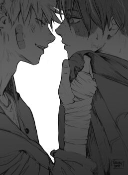 2boys absurdres bandaged_arm bandaged_hand bandages bandaid bandaid_on_face boku_no_hero_academia bruise bruise_on_face burn_scar commentary eye_contact from_side greyscale highres injury looking_at_another male_focus monochrome multiple_boys saucybrtt scar scar_on_face short_hair simple_background spiked_hair symbol-only_commentary teeth todoroki_shoto upper_body white_background