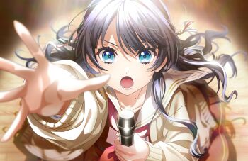 1girl :o black_hair blue_eyes blue_ribbon brown_cardigan cardigan collarbone dress floating_hair game_cg hair_ribbon half_updo hasu_no_sora_school_uniform highres holding holding_microphone link!_like!_love_live! long_hair long_sleeves looking_at_viewer love_live! lower_teeth_only microphone mole mole_on_neck murano_sayaka neckerchief non-web_source official_art open_cardigan open_clothes open_hand open_mouth reaching reaching_towards_viewer red_dress red_neckerchief red_ribbon ribbon sailor_collar sailor_dress school_uniform solo straight-on teeth v-shaped_eyebrows virtual_youtuber white_sailor_collar