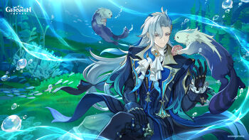 1boy black_coat black_gloves black_pants blue_hair closed_mouth coat genshin_impact gloves hair_between_eyes hair_ornament highres jewelry leisurely_otter_(genshin_impact) long_hair long_sleeves male_focus multicolored_hair neuvillette_(genshin_impact) official_art pants pointy_ears solo streaked_hair white_hair