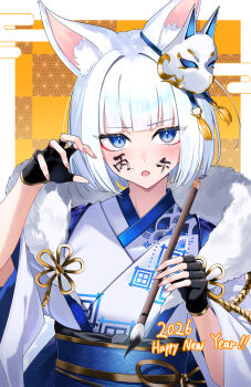 2026 absurdres animal_ears azur_lane blue_eyes blue_kimono blush calligraphy_brush commentary_request fingerless_gloves fox_ears fox_mask fur_trim gloves happy_new_year highres japanese_clothes kaga_(azur_lane) kimono mask mask_on_head new_year open_mouth paintbrush rubisco short_hair white_hair