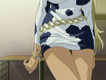 00s 2004 animal_print animated animated_gif belt blonde_hair bracelet breasts closed_eyes cow_print cow_print_dress dark dark-skinned_female dark_skin earrings eyelashes eyeshadow ganguro gyaru hana_no_joshi_ana:_newscaster_etsuko hoop_earrings jewelry large_breasts lipstick long_hair makeup nail_polish necklace open_mouth tagme tan tanned_body wakabayashi_mayumi