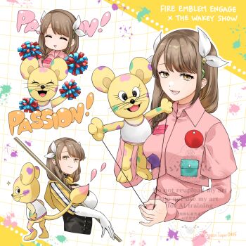 Rule 34 | 1girl, alternate costume, black corset, breasts, brown hair, corset, fire emblem, fire emblem engage, goldmary (fire emblem), hand puppet, highres, hooded top, large breasts, midori no baku, multiple views, nintendo, puppet, ribbon, white ribbon