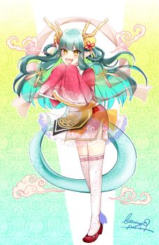 Rule 34 | 1girl, 2024, :d, absurdres, brown horns, chinese zodiac, commentary request, eyeshadow, fangs, full body, green hair, highres, horns, japanese clothes, long hair, makeup, open mouth, original, pale skin, pointy ears, red eyeshadow, red shoes, sakura yuto, shoes, sleeves past fingers, sleeves past wrists, smile, socks, solo, very long hair, white socks, wide sleeves, year of the dragon, yellow eyes