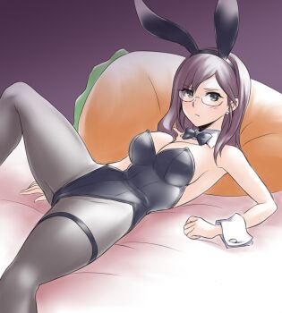 1girl animal_ears black_bow black_bowtie black_leotard black_pantyhose bow bowtie breasts brown_hair carrot commentary_request detached_collar glasses grey-framed_eyewear idolmaster idolmaster_cinderella_girls leotard long_hair looking_at_viewer medium_breasts pantyhose pataneet pillow playboy_bunny purple_eyes rabbit_ears semi-rimless_eyewear solo strapless strapless_leotard thigh_strap under-rim_eyewear wrist_cuffs yagami_makino