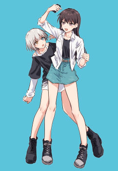 2girls aqua_skirt bang_dream! bang_dream!_it's_mygo!!!!! bare_shoulders black_shirt black_shoes blue_background blue_eyes brown_hair collarbone commentary denim denim_skirt dress full_body grey_hair heterochromia highres jacket kaname_raana layered_sleeves long_hair long_sleeves miniskirt mole mole_under_eye multiple_girls off_shoulder open_clothes open_jacket purple_eyes shiina_taki shirt shoes short_dress short_hair short_over_long_sleeves short_sleeves simple_background skirt three-quarter_sleeves white_dress white_jacket white_shirt yellow_eyes yukitake_(bullfalk)