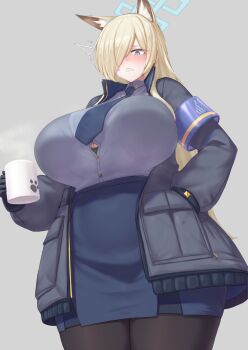 1girl animal_ears armband black_gloves black_jacket blonde_hair blue_archive blue_eyes blue_skirt blush bra bra_peek breasts brown_pantyhose button_gap clenched_teeth cream_cod dog_ears dress_shirt extra_ears gloves grey_shirt hair_over_one_eye halo highres huge_breasts jacket kanna_(blue_archive) long_hair long_sleeves looking_down necktie open_clothes open_jacket pantyhose pencil_skirt sharp_teeth shirt skirt solo teeth thick_thighs thighs underwear wide_hips