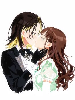 Rule 34 | 2girls, absurdres, black bow, black bowtie, black gloves, black hair, black jacket, blonde streaks, bow, bowtie, brown hair, closed eyes, cobwvmeti, cropped torso, dress, facial mark, gloves, green dress, hashtag-only commentary, highres, idolmaster, idolmaster shiny colors, ikaruga luca, jacket, kiss, lapels, long hair, long sleeves, looking at another, medium hair, multicolored hair, multiple girls, notched lapels, short sleeves, simple background, sonoda chiyoko, streaked hair, white background, yellow eyes, yuri