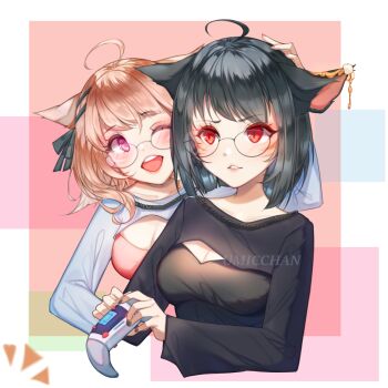 2girls animal_ears artist_name black_bow black_camisole black_hair black_shrug blush bow breasts brown_hair camisole cat_ears cat_girl cleavage clip_studio_paint_(medium) commission controller cowlick frown game_controller glasses grey_shrug hair_bow hand_on_another's_head highres holding holding_controller holding_game_controller medium_breasts multiple_girls one_eye_closed original parted_lips pink_camisole pink_lips red_eyes short_hair shrug_(clothing) smile umicchan v-shaped_eyebrows vgen_commission watermark
