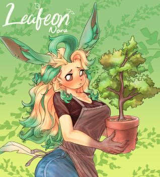 apron blush denim eevee_ears furry furry_female gen_4_pokemon gradient_background highres jeans leaf leafeon nintendo noru_(noruru3737) pants personification plant pokemon potted_plant sweat