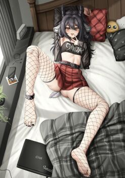 1girl absurdres alarm_clock among_us animal_ears arm_behind_head arm_up armpits asus belt belt_buckle black_ankleband black_belt black_hair black_jacket black_nails black_tube_top blanket brand_name_imitation buckle cellphone choker clock computer crewmate_(among_us) cropped_shirt earbuds earphones feet fishnet_thighhighs fishnets from_above full_body goat_ears goat_girl goat_horns goat_tail gorguts_(band) hair_between_eyes half-closed_eyes highres horns itemlabel jacket knee_up laptop leather leather_jacket legs lobsteranian long_hair looking_at_viewer lying midriff nail_polish navel no_shoes on_back open_clothes open_jacket original phone piercing pillow plant pleated_skirt potted_plant red_skirt skirt smartphone soles solo spiked_anklet strapless stuffed_toy sucklet tail thighhighs toenail_polish toenails toes tongue tongue_out tongue_piercing tube_top v v_over_mouth yellow_eyes