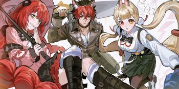 1boy 2girls absurdres alice_thymefield animal_ears blonde_hair green_eyes hashtag-only_commentary heterochromia highres holding holding_sword holding_weapon komano_manato multicolored_eyes multiple_girls nongxy_nonshi over_shoulder pink_umbrella rabbit_ears rabbit_girl red_eyes red_hair sword sword_over_shoulder twintails ukinami_yuzuha umbrella weapon weapon_over_shoulder zenless_zone_zero