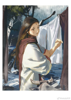 1girl bindi black_hair brown_hair brown_scarf clothesline from_side highres light_rays long_sleeves original outdoors parted_bangs scarf sunbeam sunlight wide_sleeves wisda