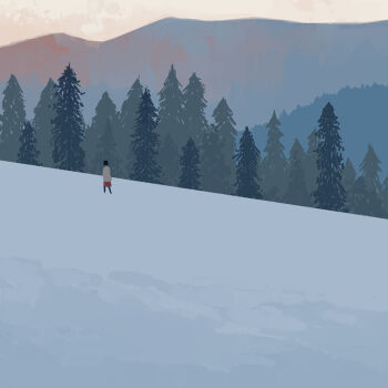 1other bangqiao_yan black_hair clear_sky day dutch_angle forest hill mini_person mountainous_horizon nature original outdoors red_skirt short_hair skirt sky snow solo sweater tree white_sweater