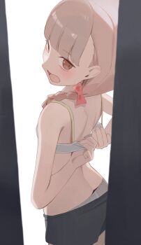 Rule 34 | 1girl, black shorts, bra, braid, brown eyes, commentary, grey hair, highres, hiroki (yyqw7151), long hair, looking at viewer, looking back, no shirt, open mouth, original, panties, short shorts, shorts, solo, underwear, white bra, white panties