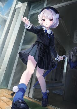 Rule 34 | 1girl, absurdres, beret, black hat, black jacket, black shirt, black shoes, black skirt, blue bow, blue bowtie, blue socks, blue umbrella, bow, bowtie, collar, commentary, egg wrkn, full body, getabako, grey umbrella, hair intakes, hair ornament, hat, highres, holding, holding umbrella, jacket, loafers, open mouth, outstretched hand, pinstripe jacket, pinstripe pattern, pinstripe shirt, pinstripe skirt, pleated skirt, pom pom (clothes), pom pom brooch, pom pom hair ornament, red hair, school, shirt, shoes, short hair, skirt, sleeve cuffs, socks, solo, ui (voisona), umbrella, voisona, white collar, white hair, wispy bangs