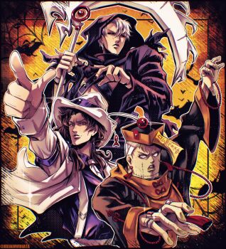 3boys alternate_costume arm_up bat_(animal) beads black_hat black_nails black_sclera blue_shirt brown_hair chinese_clothes colored_sclera copyright_request cosplay_request earrings halloween halloween_costume hat highres holding holding_scythe hood hood_up illuso jacket jewelry jiangshi jiangshi_costume jojo_no_kimyou_na_bouken kujaarts long_hair long_sleeves male_focus multiple_boys nail_polish necktie ofuda open_mouth pesci pointing pointing_at_viewer priest qingdai_guanmao red_eyes ring risotto_nero scythe shirt short_hair silk stitches talisman vento_aureo white_hair white_hat white_jacket white_necktie white_suspenders