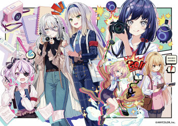 ! 6+girls :q ? ahoge animal_ears aqua_eyes armband bag beads bell blonde_hair blue_eyes blue_hairband blue_neckerchief blue_necktie blush braid broom broom_riding brown_jacket camera copyright_notice dog_ears dress eyepatch flying_sweatdrops green_eyes grey_eyes grey_hair hair_beads hair_ornament hairband handbag holding holding_camera holding_phone ienaga_mugi jacket long_hair looking_at_viewer lucie_(millie_parfait) maria_marionette medium_hair millie_parfait multicolored_hair multiple_girls neck_bell neckerchief necktie nijisanji nijisanji_en notice_lines official_art open_mouth phone pink_dress pink_eyes pink_hair ponto_nei purple_hair red_armband selfie_stick shioriha_ruri side_ponytail sleeves_past_wrists sophia_valentine sparkle spoken_exclamation_mark spoken_flying_sweatdrops spoken_question_mark streaked_hair sweatdrop sweater tongue tongue_out turtleneck turtleneck_sweater twintails virtual_youtuber yellow_eyes