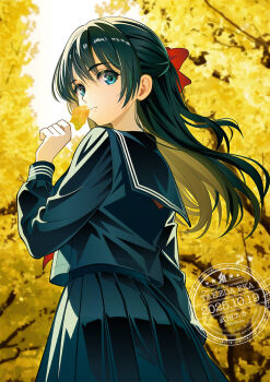 1girl autumn_leaves black_hair black_serafuku blue_eyes closed_mouth expressionless forest from_behind from_below holding holding_leaf leaf long_hair looking_at_viewer looking_back looking_down nature original school_uniform serafuku solo takeda_eka