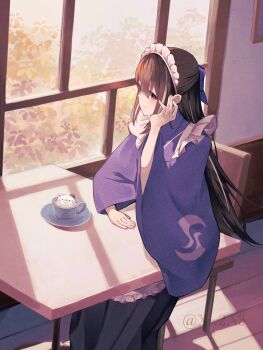 1girl apron black_hair black_skirt bow chair fate/grand_order fate_(series) frilled_apron frills hair_bow hakama hakama_skirt highres indoors japanese_clothes kawakami_gensai_(fate) kawakami_gensai_(second_ascension)_(fate) kimono long_hair maid maid_apron maid_headdress multicolored_hair papukin purple_bow purple_kimono sitting skirt solo streaked_hair table wa_maid white_apron white_hair window window_shadow