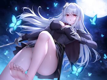 1girl absurdres barefoot blue_butterfly breasts bug butterfly closed_mouth flower full_moon gloves hair_flower hair_ornament highres holding holding_sword holding_weapon insect large_breasts long_hair long_sleeves looking_at_viewer moon night original outdoors oyuwari panties rapier red_eyes solo sword thighs toes underwear variant_set weapon white_gloves white_hair white_panties