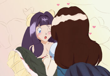 2girls assertive_female blue_eyes blush brown_hair ev120 geta giselle_(pokemon) hair_ribbon hakama heart highres hime_cut japanese_clothes jeanette_fisher kimono long_hair meiji_schoolgirl_uniform multiple_girls nintendo obi pokemon pokemon_(anime) pokemon_(classic_anime) pokemon_ep077 purple_hair ribbon sash school_uniform spread_legs undressing_another very_long_hair yuri