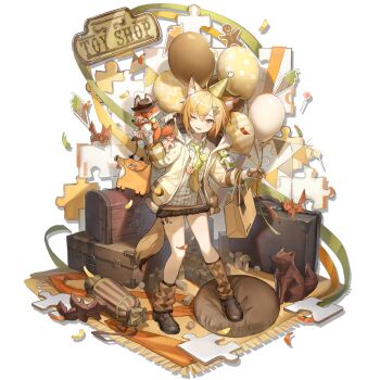 1girl animal_ear_fluff animal_ears arknights bag balloon black_shoes blonde_hair brown_socks collared_shirt erkai fox fox_ears fox_girl fox_tail full_body green_necktie hair_between_eyes hair_ornament hairclip hat highres holding holding_balloon hood hood_down hooded_jacket jacket long_sleeves looking_at_viewer necktie notched_ear official_alternate_costume official_art one_eye_closed open_clothes open_jacket open_mouth orange_eyes origami party_hat shirt shoes short_hair shorts skirt smile socks solo standing suitcase tail transparent_background vermeil_(arknights) vermeil_(playfellows)_(arknights) white_shirt yellow_jacket