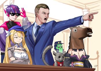 2girls 3boys absurdres ace_attorney andrew_esquire blonde_hair breasts cleavage crossed_arms deal_with_it_(meme) dokibird dokibird_(retro_doki) falseeyed gator_(vtuber) green_eyes highres holding holding_phone hololive horse_mask indie_virtual_youtuber jiru-kun_(usada_pekora) khoaphan96 mask meme monkey multiple_boys multiple_girls phone purple_hair real_life rima_evenstar senegal_bushbaby sunglasses twintails virtual_youtuber