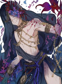 1boy abs absurdres armlet belt black_veil body_markings bracelet chain colored_extremities colored_sclera eli_clark eli_clark_(prophet_of_yore) facial_mark flower flower_on_head flower_over_eye gold_chain heterochromia highres identity_v jewelry looking_to_the_side male_focus neck_ring official_alternate_costume pectorals purple_belt purple_flower red_eyes red_flower red_sclera smile solid_eyes solo stitched_eye topless_male veil veil_over_one_eye wkoneda