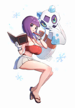 1girl absurdres alternate_costume bare_shoulders bikini bob_cut breasts froslass gen_4_pokemon gloves gonzarez grey_skirt highres holding holding_pen large_breasts long_hair looking_at_viewer navel nintendo open_mouth pen pokemon pokemon_(creature) pokemon_masters_ex purple_eyes purple_hair red_bikini sandals shauntal_(fall_2024)_(pokemon) shauntal_(pokemon) simple_background skirt stomach swimsuit white_background white_gloves