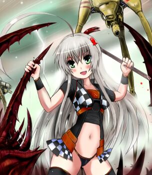 1girl adapted_costume ahoge antlion blood cosplay crossover crowbar gordon_freeman gordon_freeman_(cosplay) green_eyes hair_ornament haiyore!_nyaruko-san half-life half-life_(series) half-life_2 hev_suit holding holding_crowbar huge_ahoge long_hair navel nyarlathotep_(nyaruko-san) open_mouth panties parody silver_hair smile strider t2 thighhighs thong underwear