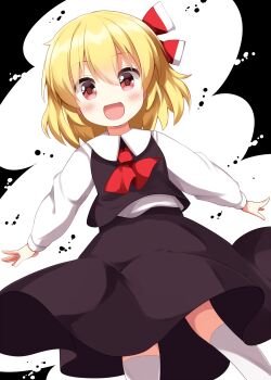 Rule 34 | 1girl, :d, ascot, black background, black skirt, black vest, blonde hair, blush, collared shirt, commentary request, feet out of frame, hair ribbon, highres, long sleeves, looking at viewer, open mouth, red ascot, red eyes, red ribbon, ribbon, rumia, ruu (tksymkw), shirt, short hair, skirt, skirt set, smile, socks, solo, touhou, two-tone background, vest, white background, white shirt, white socks
