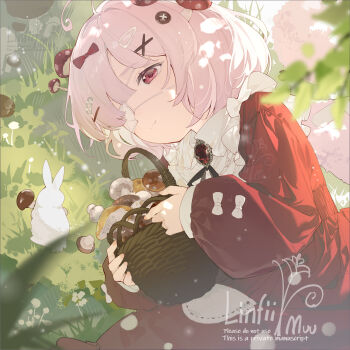 1girl animal basket blurry blurry_foreground bow brooch closed_mouth commentary_request depth_of_field dress eyepatch hair_bow hair_ornament hairclip highres holding holding_basket jewelry linfi-muu long_sleeves medical_eyepatch mushroom mushroom_on_head on_grass original pink_hair puffy_long_sleeves puffy_sleeves rabbit red_bow red_dress red_eyes sleeves_past_wrists smile solo watermark white_bow x_hair_ornament