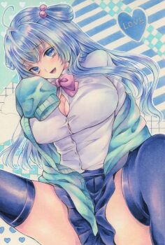 1girl abstract_background ahoge aqua_cardigan blue_eyes blue_hair blue_skirt blue_theme blue_thighhighs bow bowtie breasts button_gap cardigan cleavage commentary_request hair_bobbles hair_ornament hair_rings hand_up highres huge_breasts long_hair long_sleeves looking_at_viewer marker_(medium) off_shoulder open_mouth original pink_bow pink_bowtie pleated_skirt school_uniform shirt skirt sleeves_past_fingers sleeves_past_wrists smile solo thighhighs traditional_media white_shirt wispy_bangs xx_kosuzu_xx