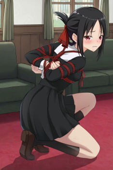 Rule 34 | 1girl, absurdres, arms behind back, bdsm, black hair, black shirt, black skirt, black socks, blush, bondage, bound, bound arms, bound torso, breasts, brown shoes, commentary, crying, day, fingernails, folded ponytail, forehead, from behind, full body, hair ribbon, highres, indoors, kaguya-sama wa kokurasetai ~tensai-tachi no renai zunousen~, kneehighs, kneeling, loafers, long hair, long sleeves, looking at viewer, looking back, meitoku, parted bangs, pleated skirt, red eyes, red ribbon, red rope, ribbon, rope, saliva, school uniform, shibari, shinomiya kaguya, shirt, shoe soles, shoes, shuuchiin academy school uniform, sidelocks, skirt, small breasts, socks, solo, thighs, tiptoes, window