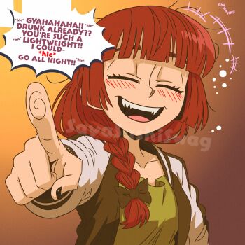 Rule 34 | alternate hair color, artist name, black nails, blunt bangs, blush, bocchi the rock!, braid, closed eyes, drunk, green ribbon, hair over shoulder, hair ribbon, highres, hiroi kikuri, jacket, long hair, long sleeves, multicolored jacket, open clothes, open jacket, open mouth, pointing, pointing at viewer, red hair, ribbon, sayasushiswag, single braid, smile, twitter username, two-tone jacket