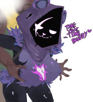 1boy 1girl :3 absurdres black_skin blush bottomless closed_mouth colored_skin commentary cowboy_shot crop_top dark-skinned_male dark_skin english_commentary english_text eyes_in_shadow fortnite grabbing_another&#039;s_breast grabbing_from_behind groping half-closed_eyes hetero highres purple_shirt pussy raven_team_leader shirt simple_background smile solo_focus uncensored weeze white_background