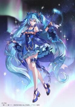 1girl aqua_eyes aqua_hair aurora blue_dress blush bow breasts cleavage collarbone commentary_request detached_sleeves dress frilled_thigh_strap full_body hair_between_eyes hair_bow hair_ornament hatsune_miku highres holding holding_wand long_hair long_sleeves looking_at_viewer lunar_(lunar_815) medium_breasts musical_note night official_alternate_costume official_alternate_hairstyle open_mouth outdoors rabbit_yukine sky sleeveless sleeveless_dress smile star_(sky) starry_sky thigh_strap twintails very_long_hair vocaloid wand wide_sleeves yuki_miku yuki_miku_(2017)