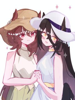 Rule 34 | 2girls, absurdres, agnes tachyon (umamusume), animal ears, black hair, blush, brown hair, brown hat, commentary, dailytachycafe, dress, ears through headwear, english commentary, green skirt, hair between eyes, hat, highres, holding hands, horse ears, horse girl, horse tail, interlocked fingers, long hair, long hair between eyes, manhattan cafe (umamusume), multiple girls, open mouth, parted lips, pleated skirt, red eyes, shirt, short hair, simple background, skirt, sleeveless, sleeveless dress, smile, star (symbol), sun hat, tail, umamusume, very long hair, white background, white dress, white hat, white shirt, yellow eyes, yuri